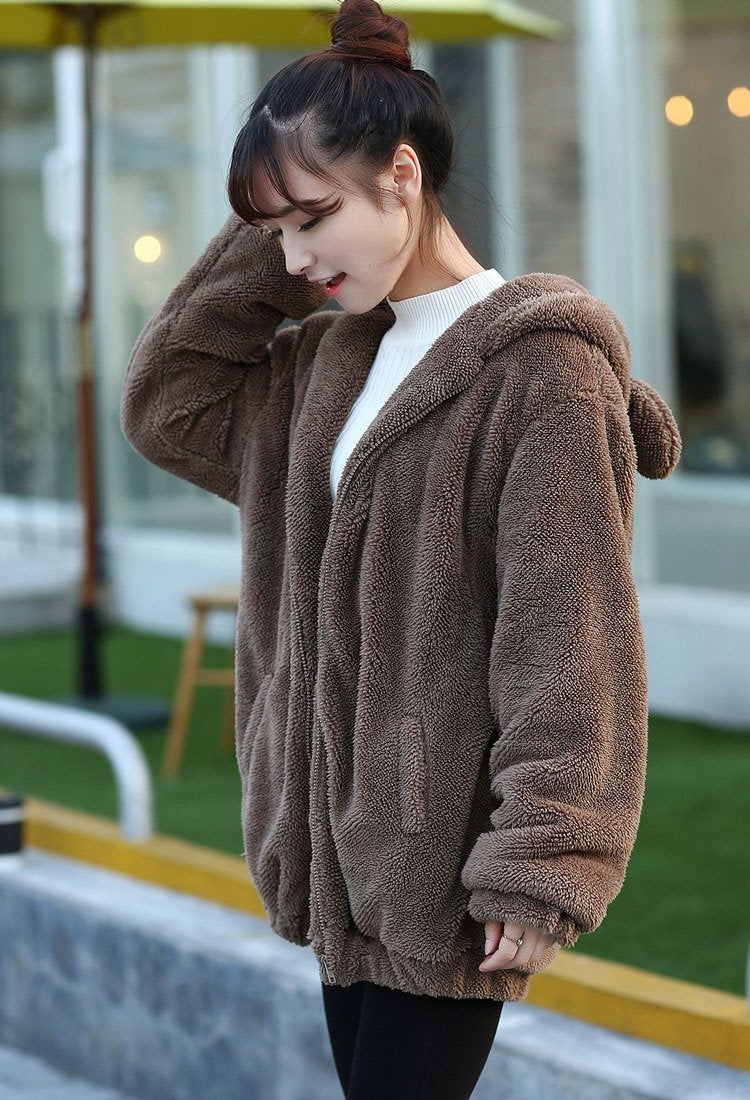 acdiac Women Fashion fluffy Tail Hoodies,Warm Fluffy Double Velvet Winter Bear or Rabbit Ear&Tail Shape Zip Hoodie (coffee bear) - Image 3